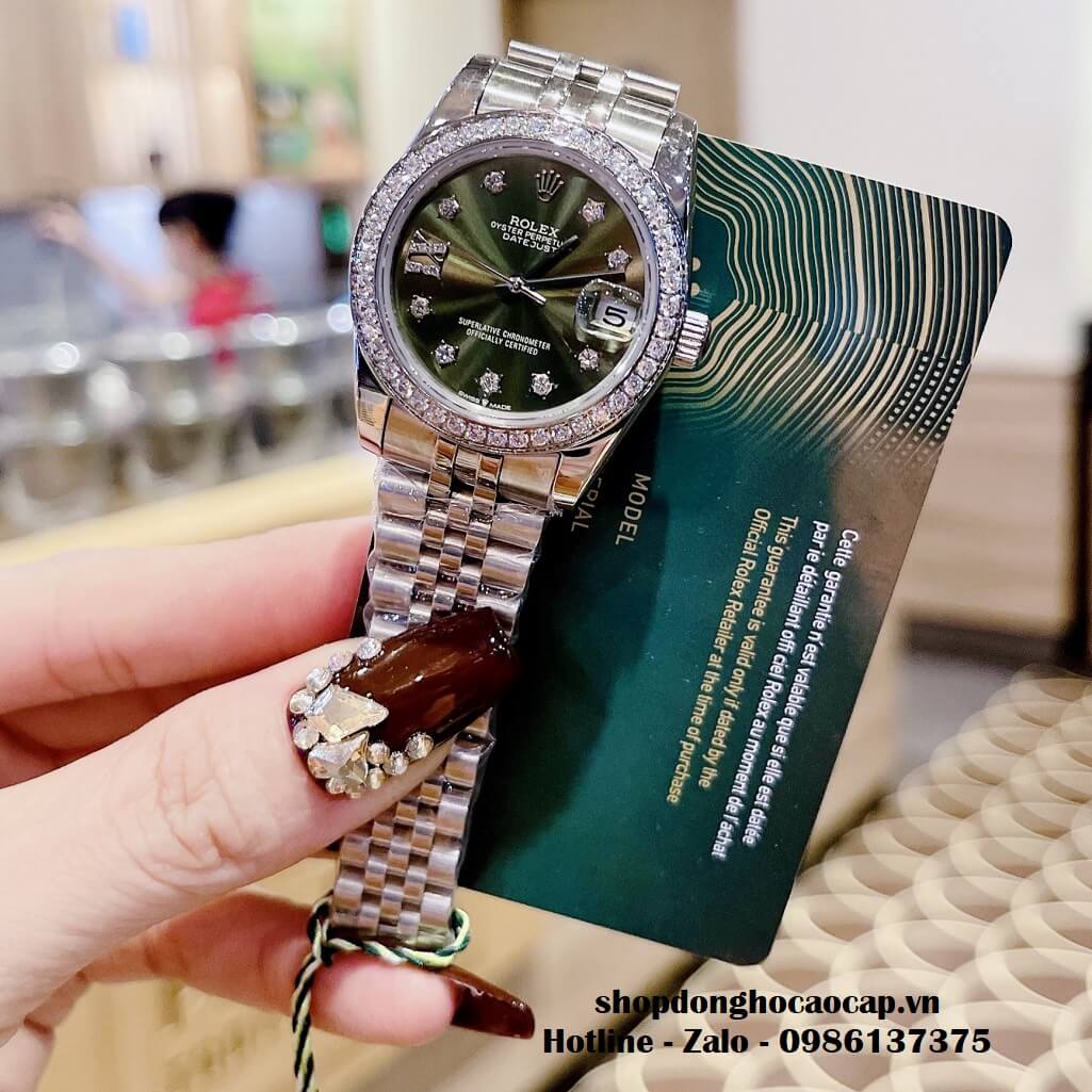 Đồng Hồ Rolex Datejust Tự Động Nữ Bạc Mặt Xanh Rêu Viền Đá 31mm