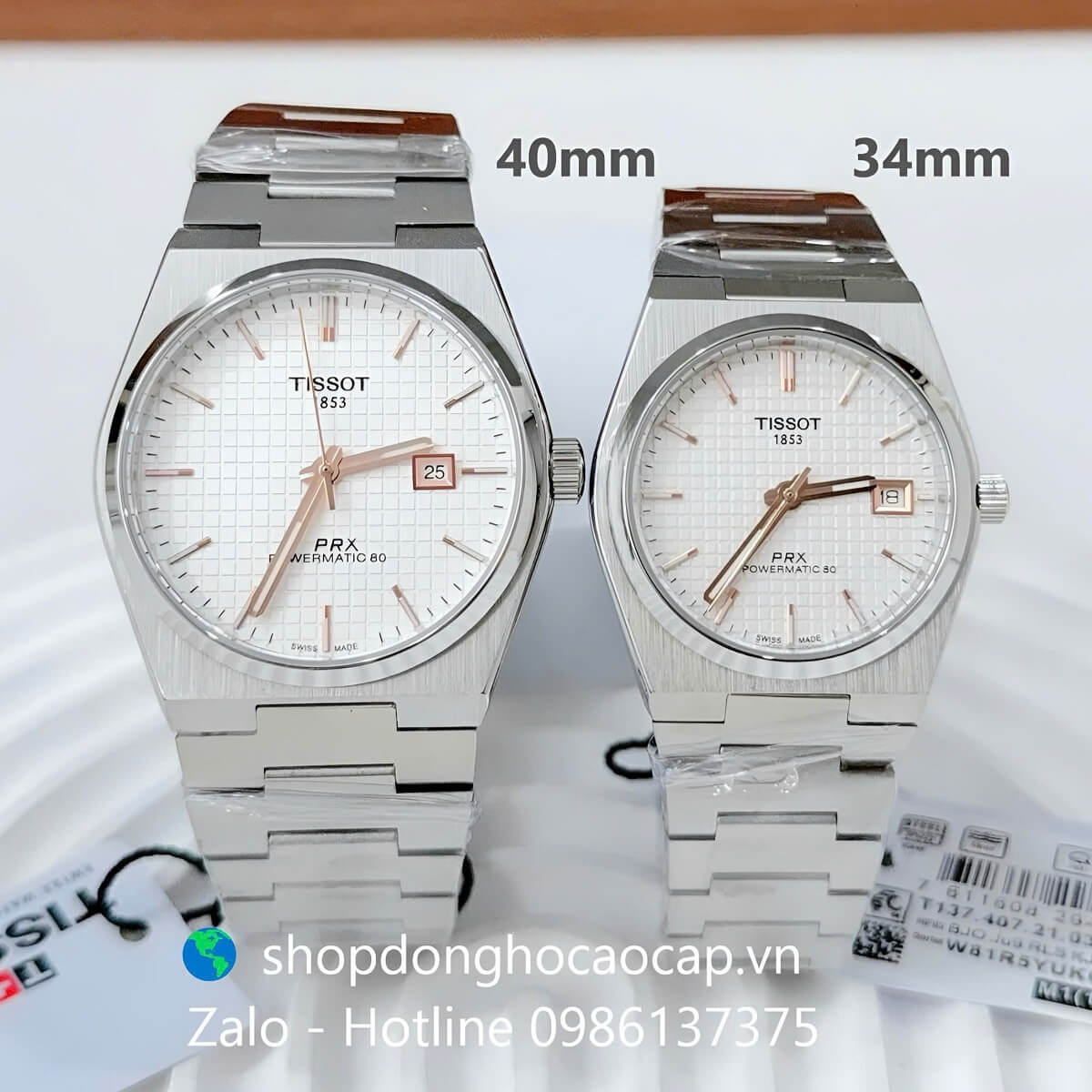 Đồng Hồ Cặp Nam Nữ Tissot PRX Máy Pin Mặt Trắng Caro Dây Kim Loại Size 40mm 34mm