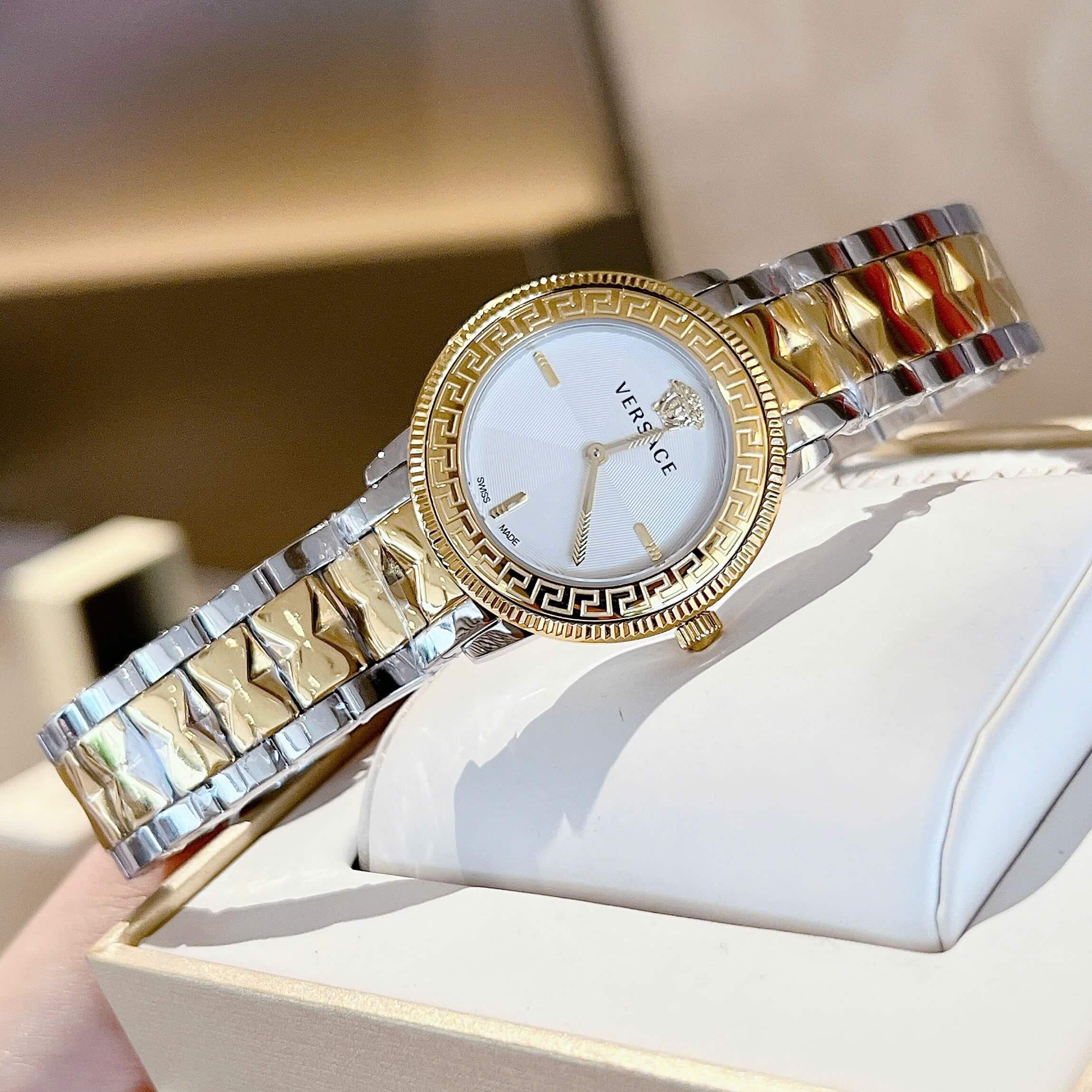 Đồng Hồ Nữ Versace Tribute Dây Thép Demi Vàng Mặt Trắng Size 35mm Quartz