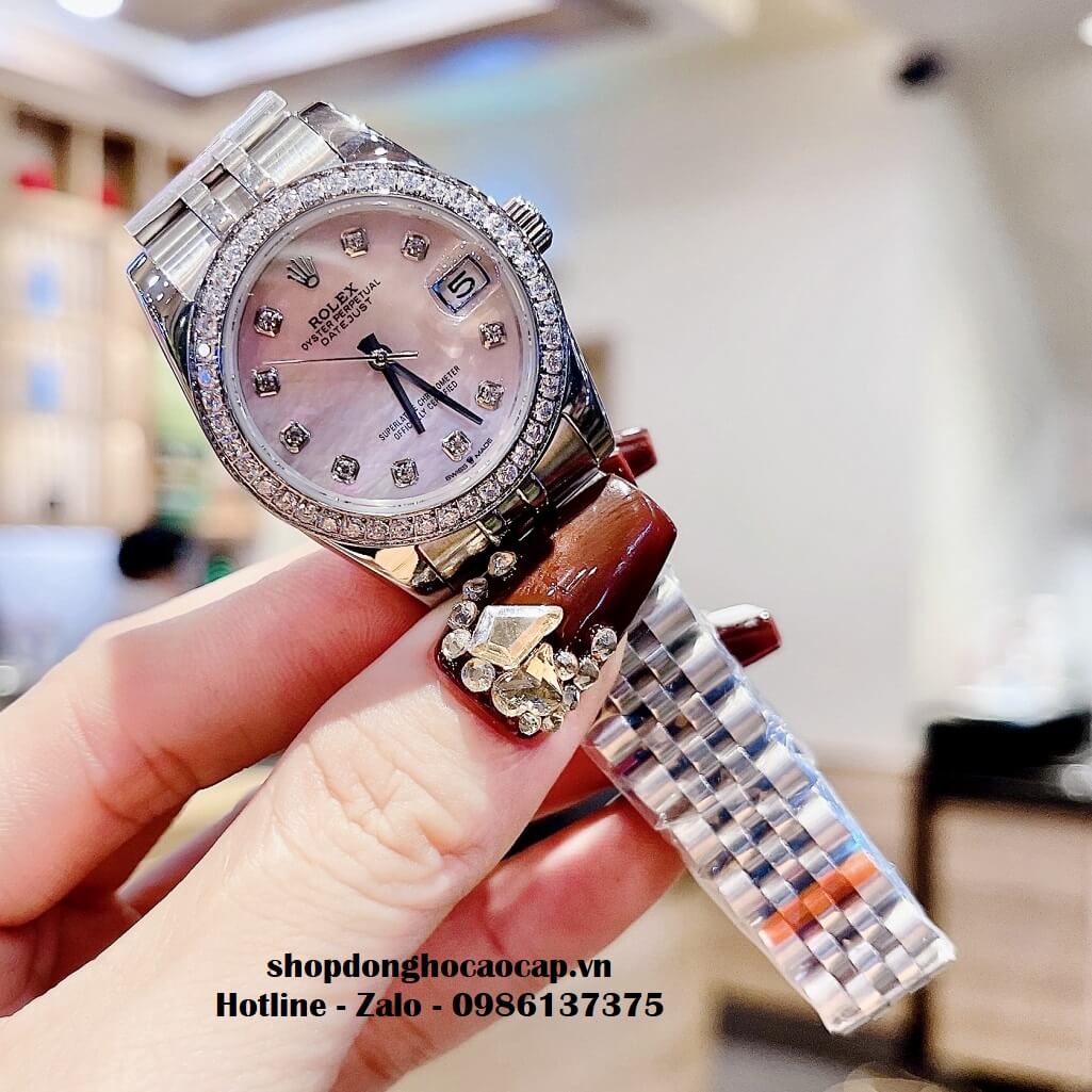 Đồng Hồ Rolex Datejust Tự Động Nữ Bạc Mặt Xà Cừ Hồng Viền Đá 31mm