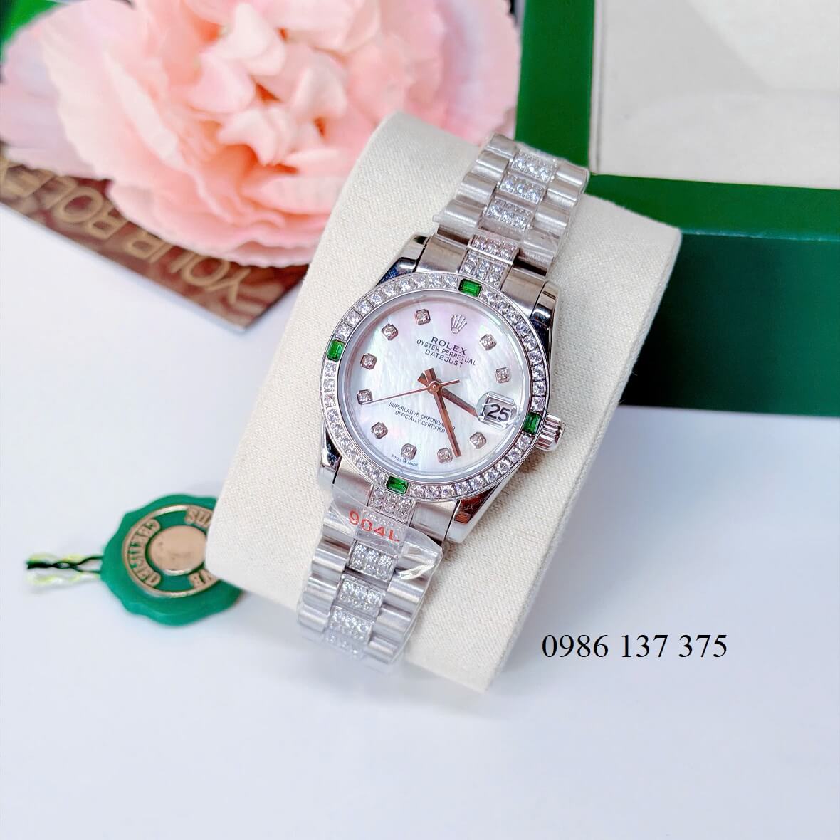 Đồng Hồ Nữ Rolex Datejust Viền Đá Mặt Trắng Xà Cừ Dây Kim Loại Inox Đính Đá Size 31mm