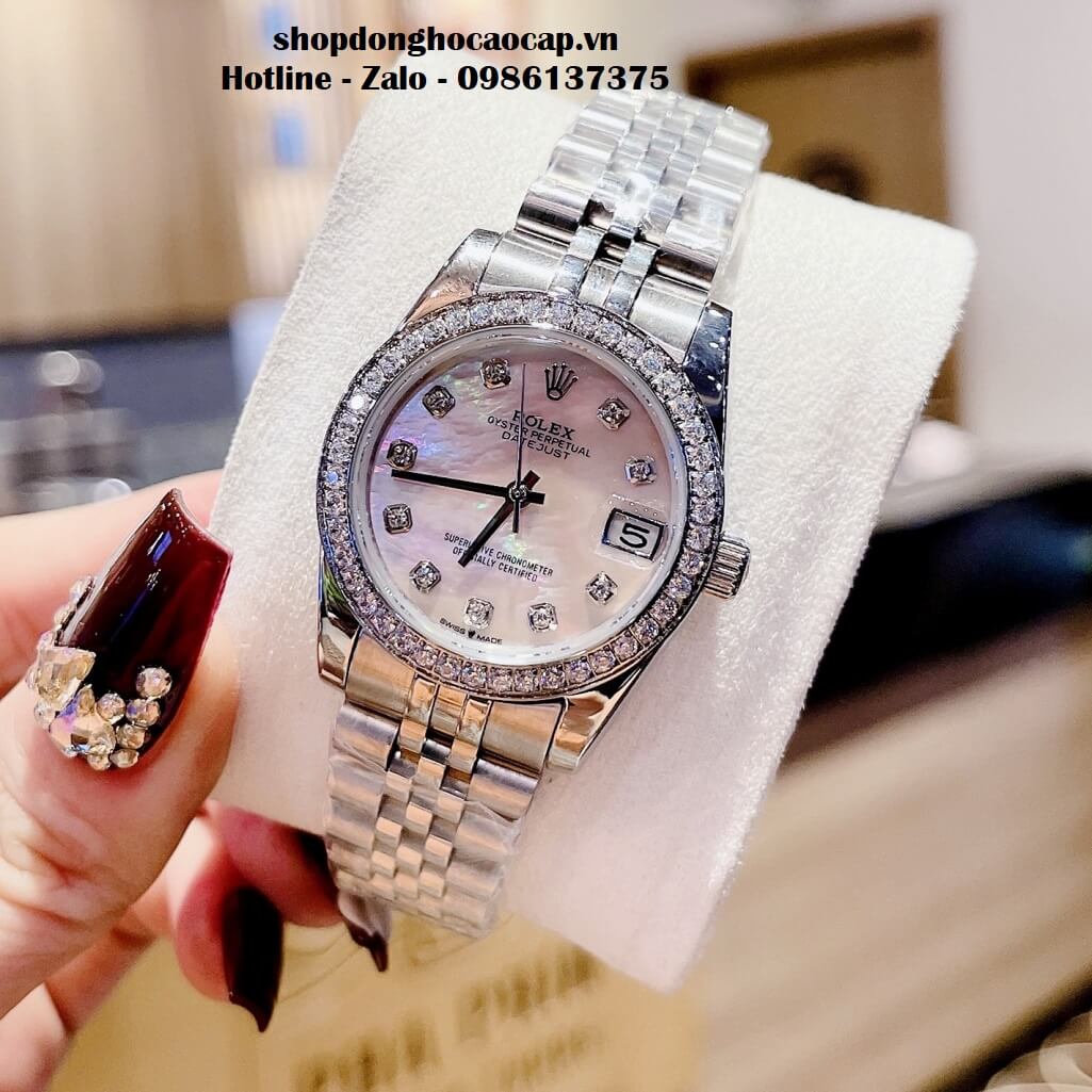 Đồng Hồ Rolex Datejust Tự Động Nữ Bạc Mặt Xà Cừ Hồng Viền Đá 31mm