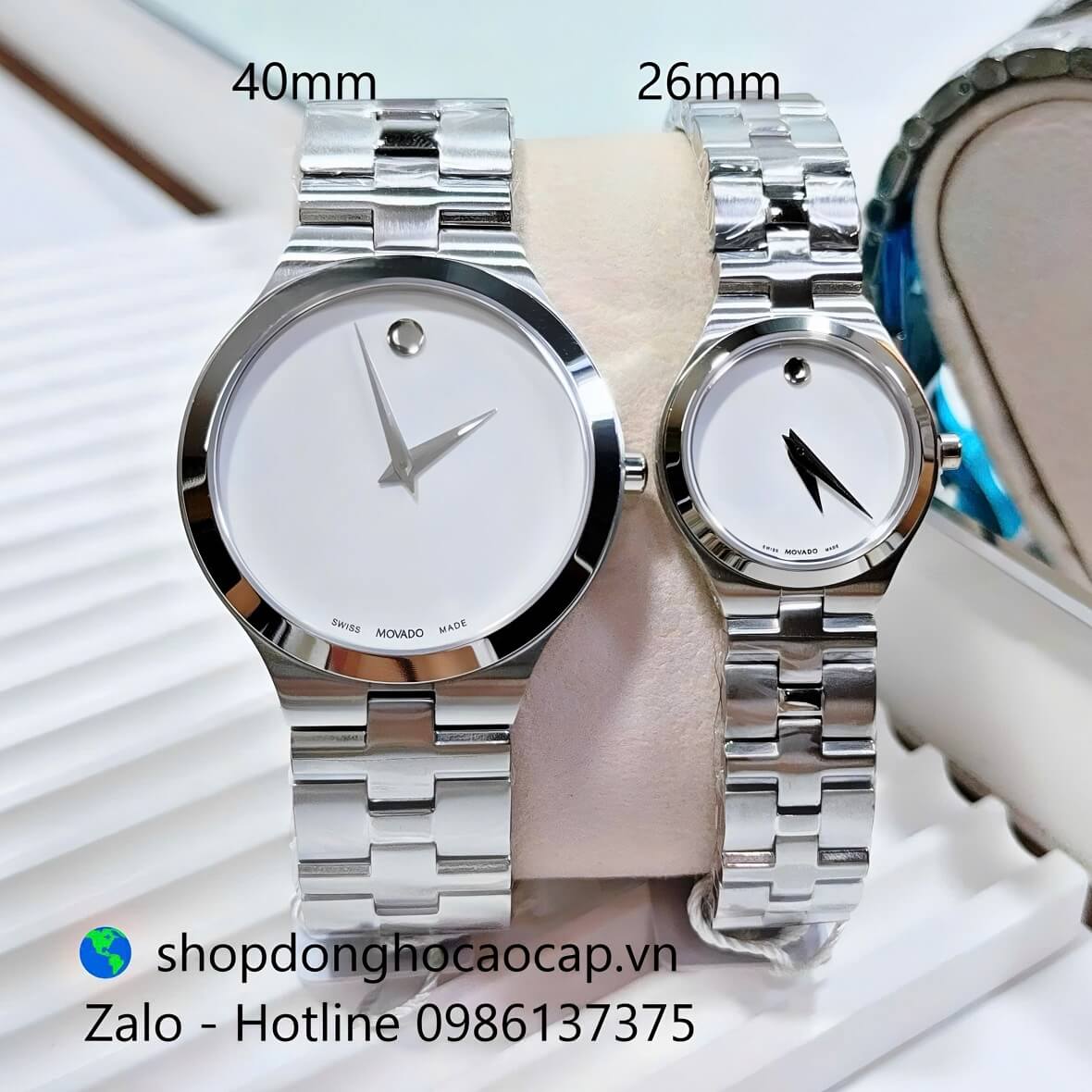 Đồng Hồ Cặp Movado Máy Pin Mặt Trắng Kim Loại Inox Size 40mm - 26mm