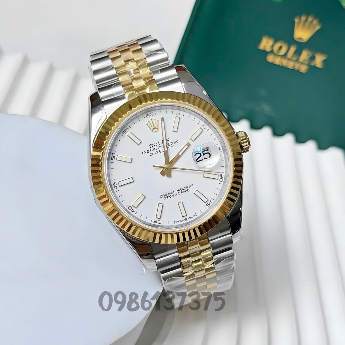 Đồng Hồ Nam Rolex Datejust Viền Khía Máy Tự Động Thụy Sĩ Mặt Trắng Dây Demi Size 41mm