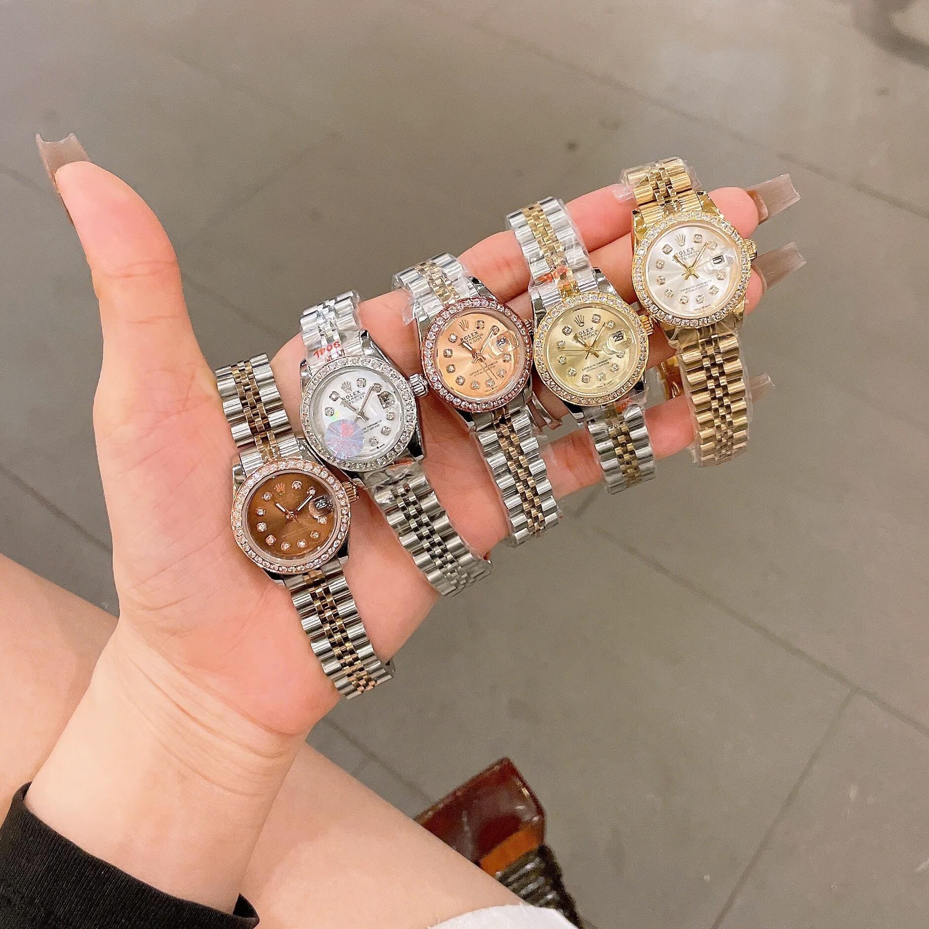 Đồng Hồ Rolex Datejust Nữ Size 28mm Dây Thép Demi Mặt Vàng Hồng Mặt Nâu Máy Pin Niềng Đính Đá