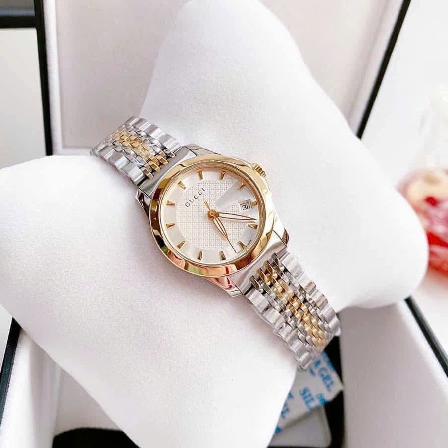 Đồng Hồ Nữ Gucci G-Timeless Dây Thép Demi Vàng Mặt Trắng Size 28mm