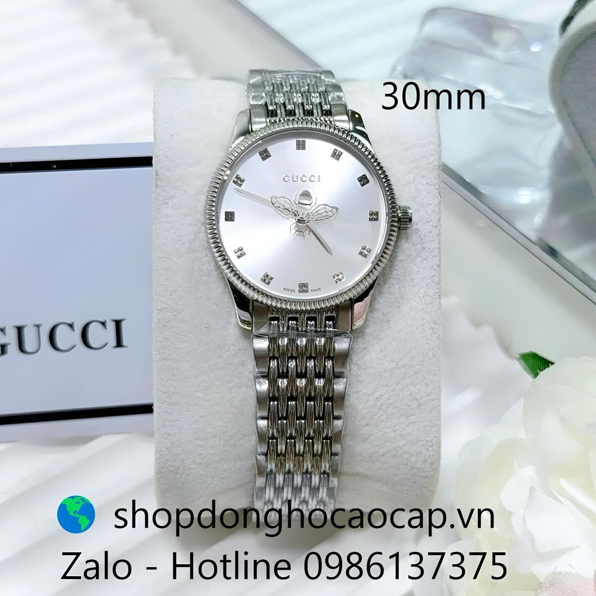 Đồng Hồ Nữ Gucci Kim Ong Mặt Trắng Máy Pin Dây Kim Loại Inox Size 30mm
