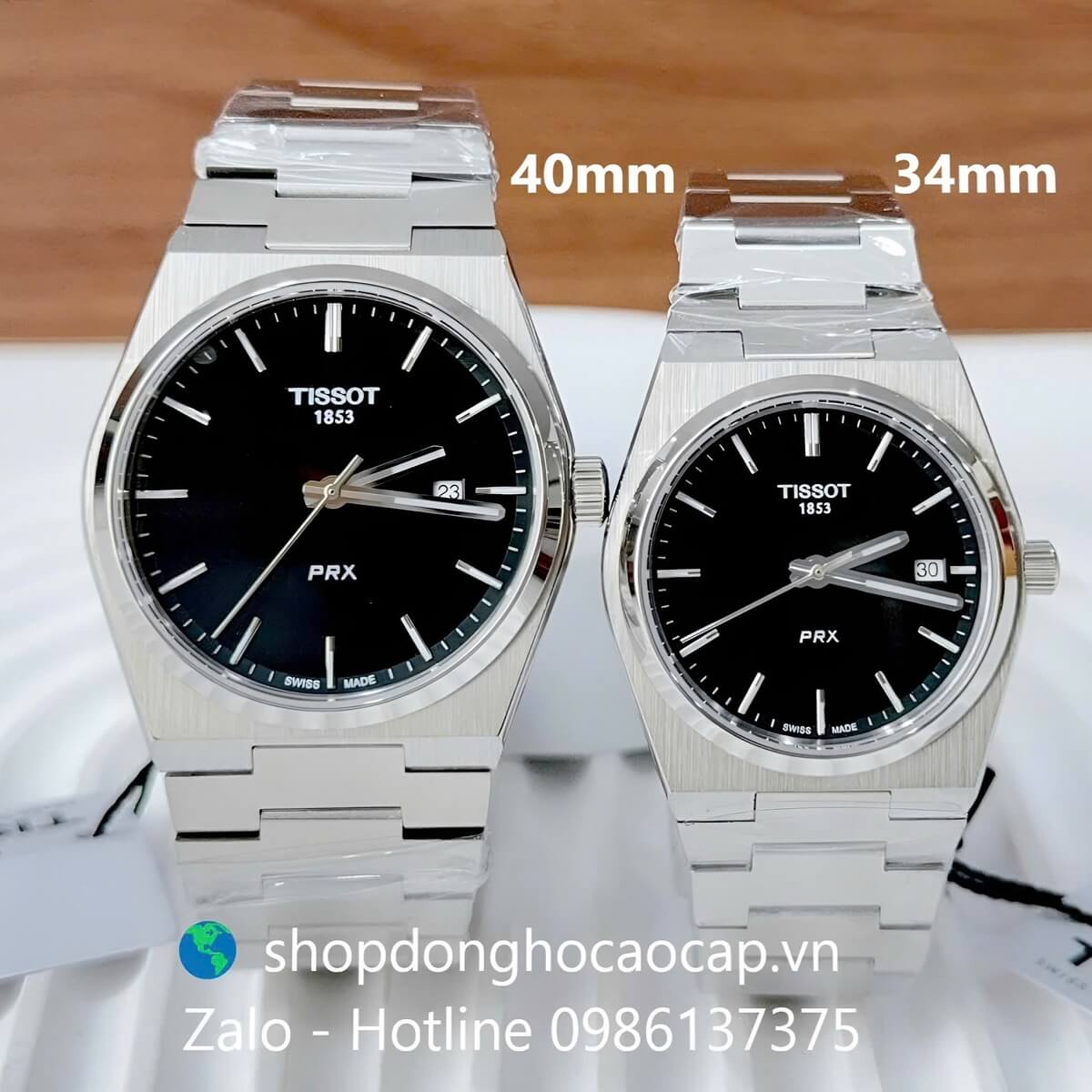 Đồng Hồ Cặp Nam Nữ Tissot PRX Máy Pin Mặt Đen Dây Kim Loại Size 40mm - 34mm