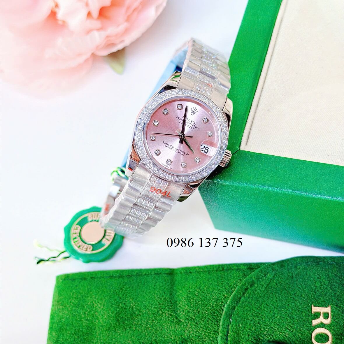 Đồng Hồ Nữ Rolex Datejust Viền Đá Mặt Hồng Dây Kim Loại Inox Đính Đá Máy Pin Size 31mm