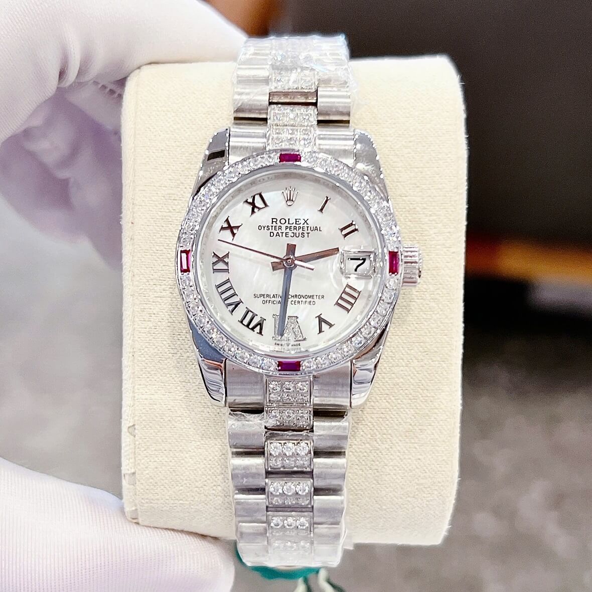 Đồng Hồ Nữ Rolex Datejust Viền Đá Mặt Trắng Dây Kim Loại Inox Đính Đá Máy Pin Size 31mm