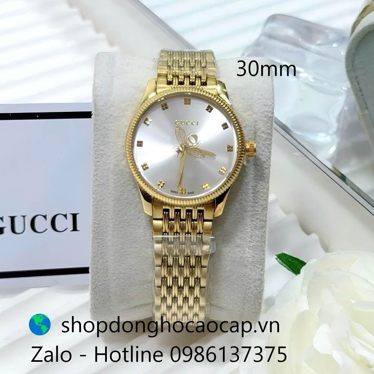 Đồng Hồ Nữ Gucci Kim Ong Mặt Trắng Máy Pin Dây Kim Loại Mạ Vàng Size 30mm