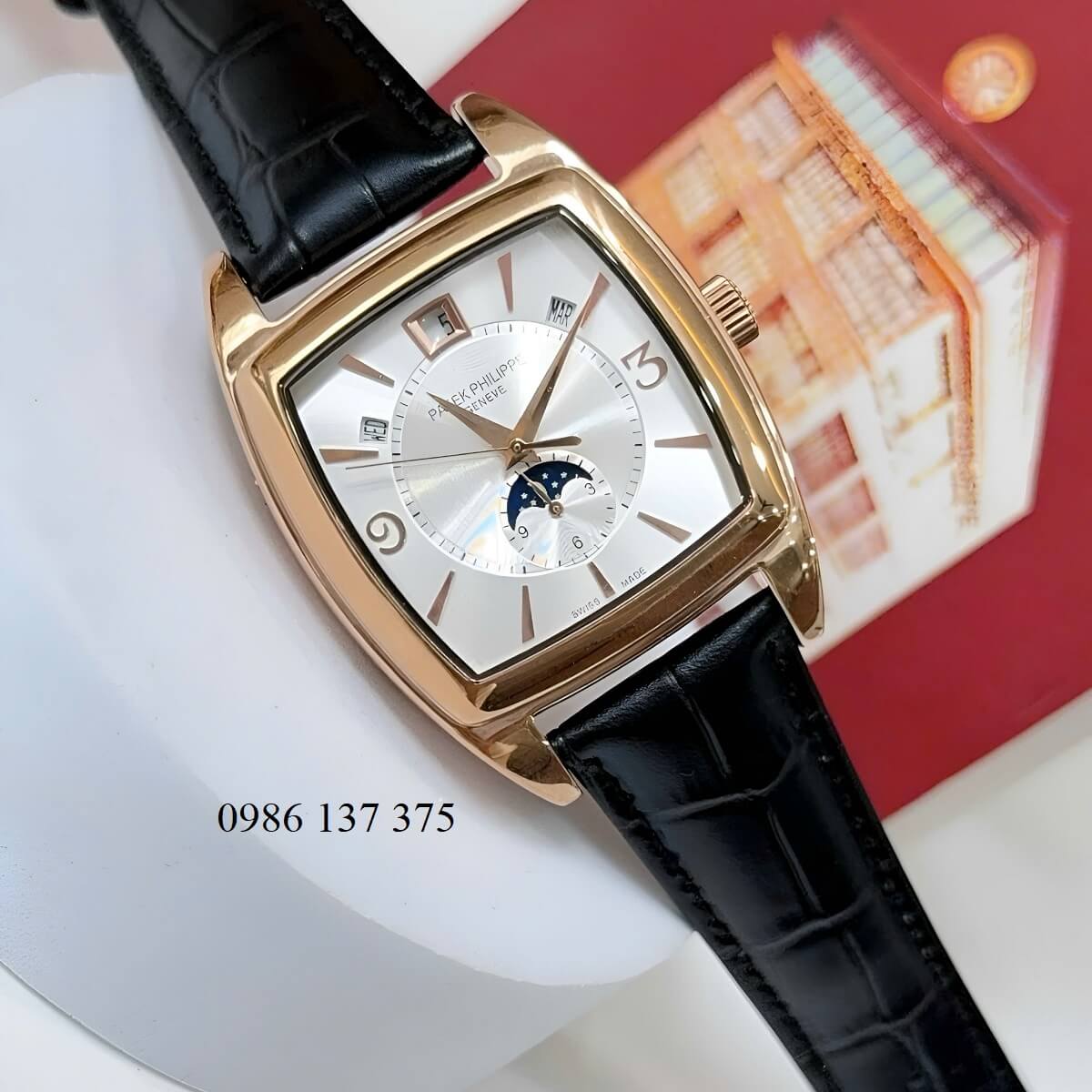 Đồng Hồ Nam Patek Philippe Gondolo Calendar 5135 Dây Da Đen Mặt Trắng Vỏ Vàng Hồng 38mm