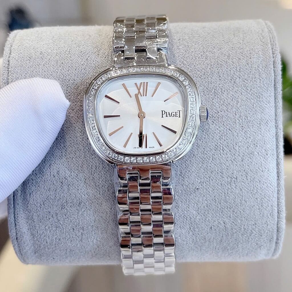 Đồng hồ nữ Piaget Sixtie size 29mm mặt trắng viền đính đá máy pin dây inox không gỉ