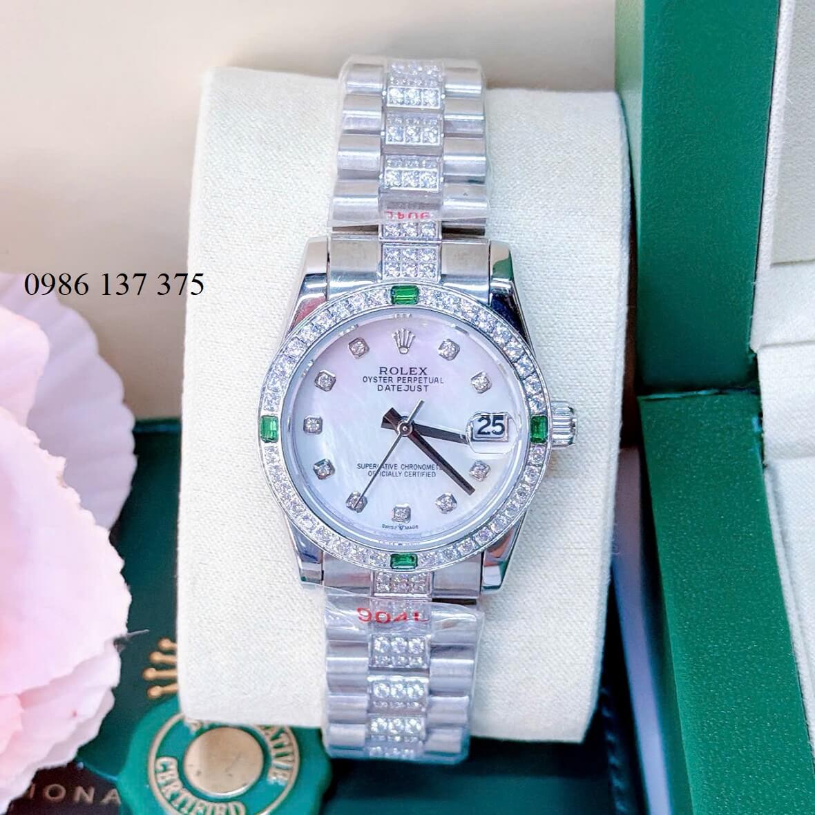 Đồng Hồ Nữ Rolex Datejust Viền Đá Mặt Trắng Xà Cừ Dây Kim Loại Inox Đính Đá Size 31mm