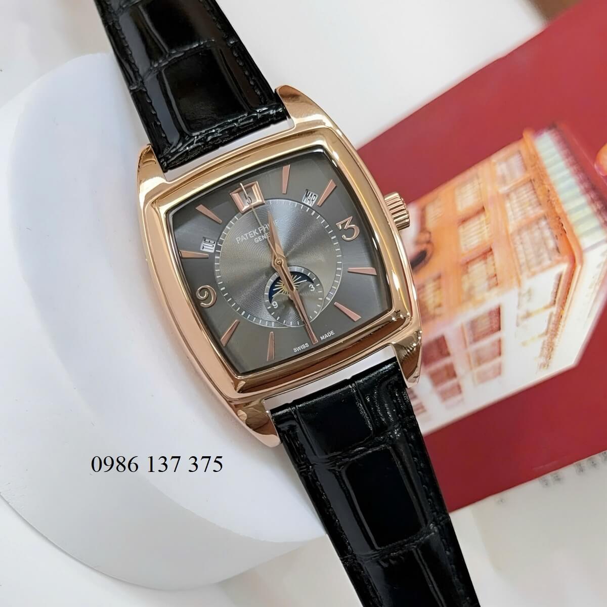 Đồng Hồ Nam Patek Philippe Gondolo Calendar 5135 Dây Da Đen Mặt Đen Vỏ Vàng Hồng 38mm