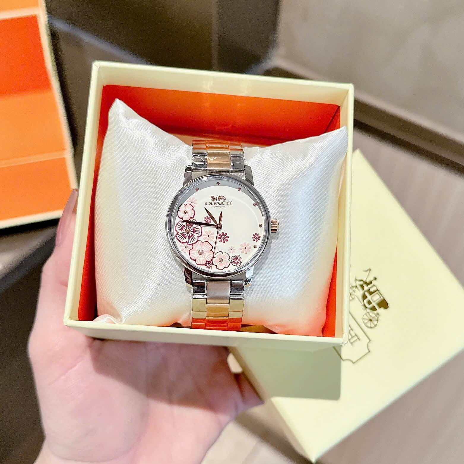 Đồng Hồ Nữ Coach Grand Mặt Hoa Trà Size 36mm Dây Demi Rose Quartz Japan