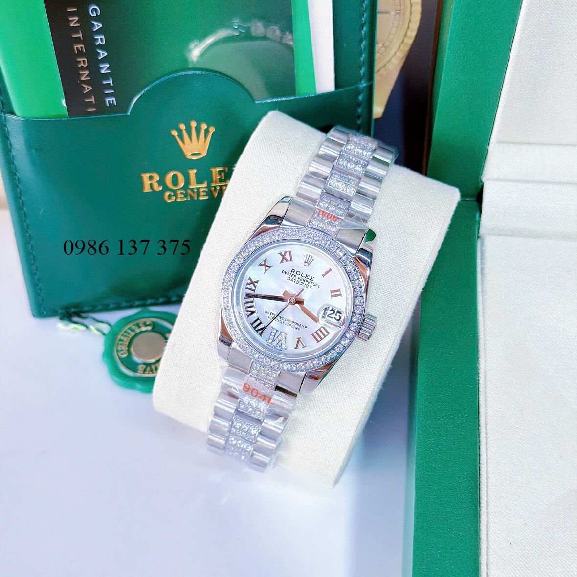 Đồng Hồ Nữ Rolex Datejust Viền Đá Mặt Trắng Xà Cừ Dây Kim Loại Inox Đính Đá Size 31mm