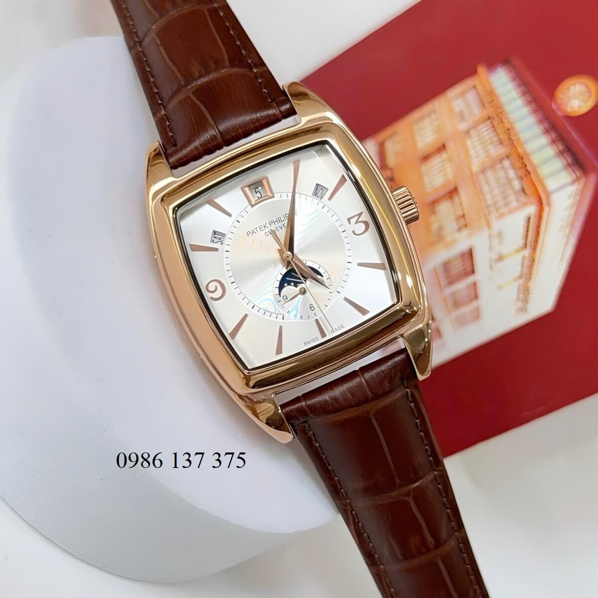 Đồng Hồ Nam Patek Philippe Gondolo Calendar 5135 Dây Da Nâu Mặt Trắng Vỏ Vàng Hồng 38mm