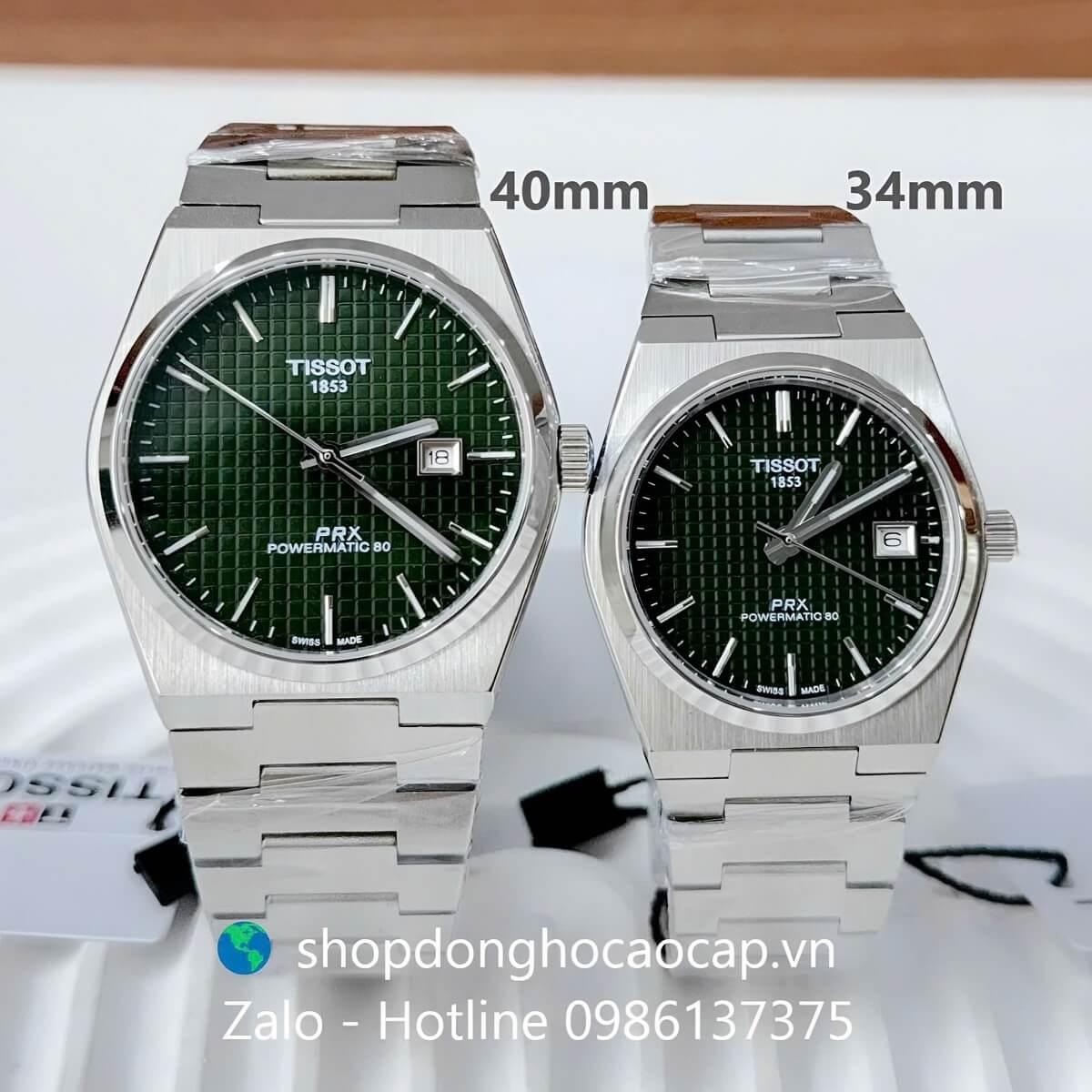Đồng Hồ Cặp Nam Nữ Tissot PRX Máy Pin Mặt Xanh Lá Caro Dây Kim Loại 40mm 34mm