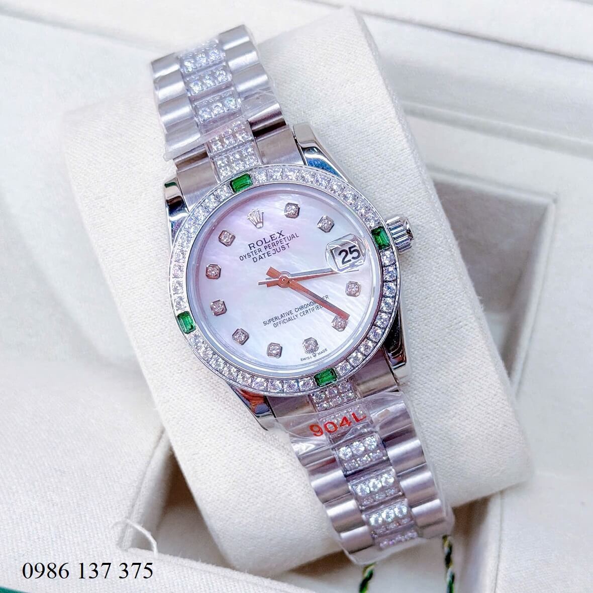 Đồng Hồ Nữ Rolex Datejust Viền Đá Mặt Trắng Xà Cừ Dây Kim Loại Inox Đính Đá Size 31mm