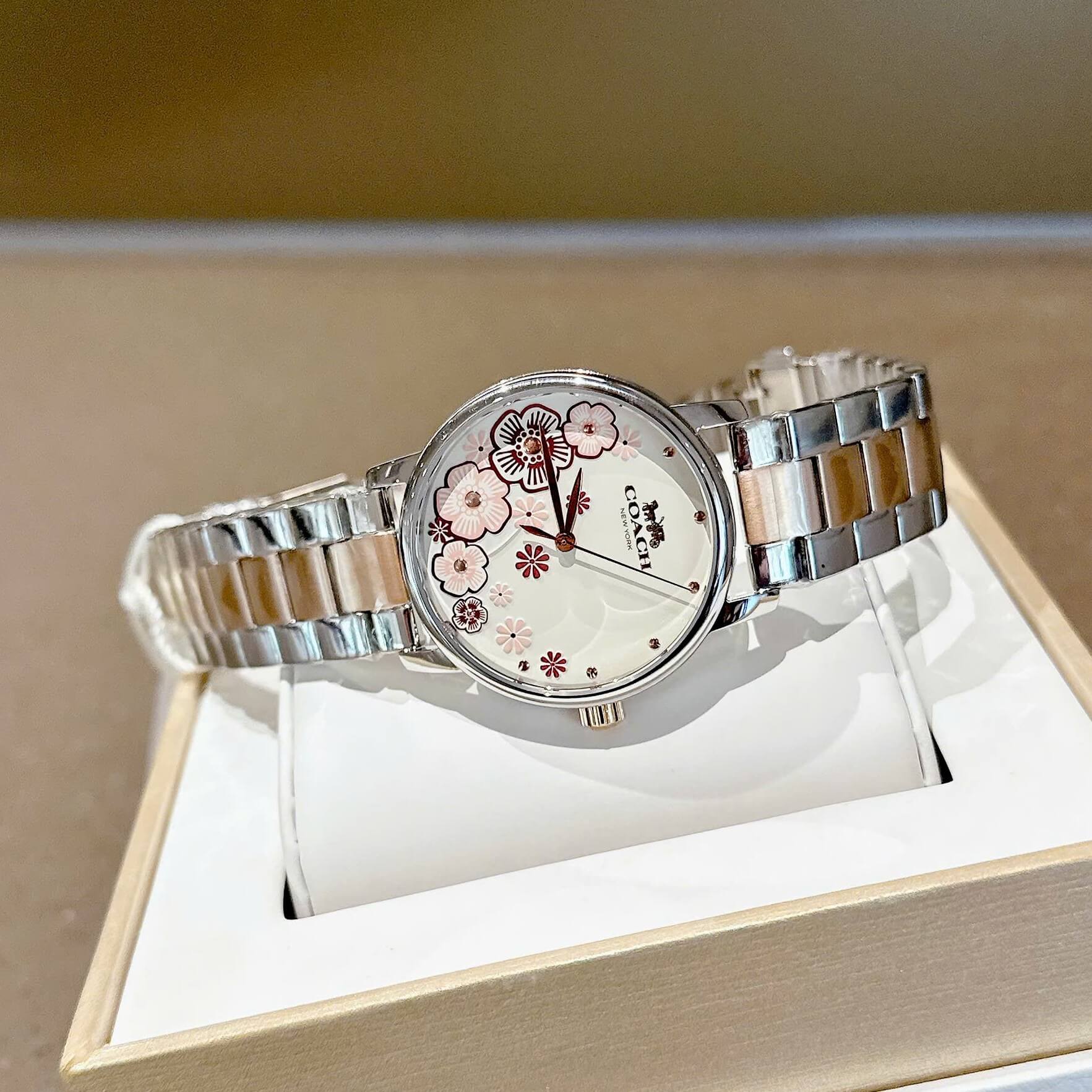 Đồng Hồ Nữ Coach Grand Mặt Hoa Trà Size 36mm Dây Demi Rose Quartz Japan