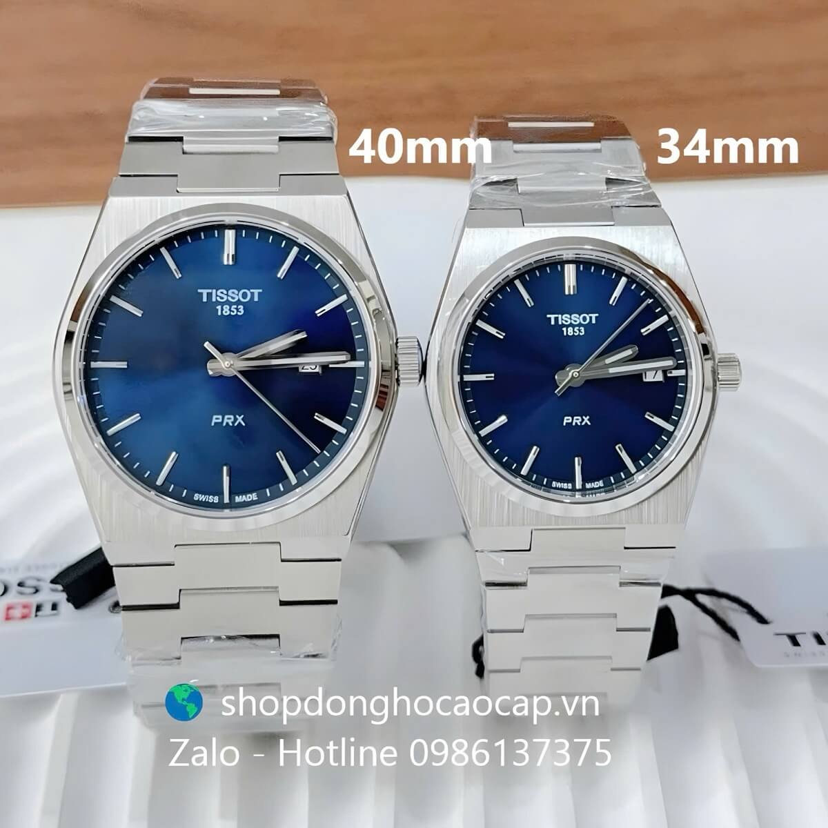 Đồng Hồ Cặp Nam Nữ Tissot PRX Máy Pin Mặt Xanh Dương Dây Kim Loại Size 40mm - 34mm