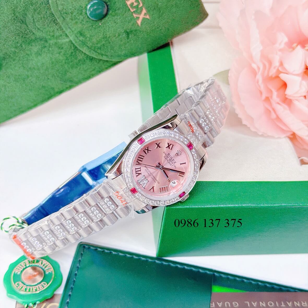 Đồng Hồ Nữ Rolex Datejust Viền Đá Mặt Hồng Dây Kim Loại Inox Đính Đá Máy Pin Size 31mm