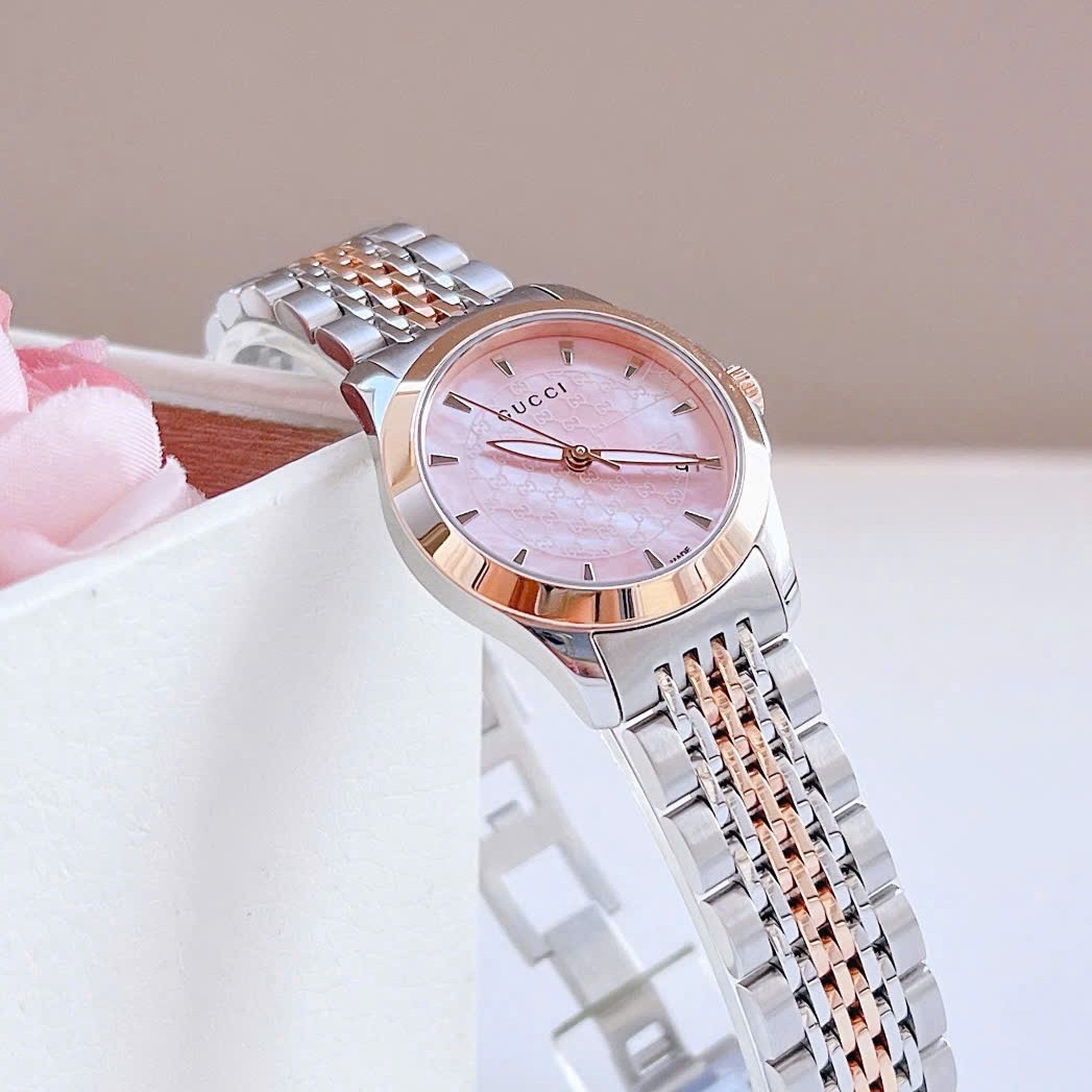 Đồng hồ nữ Gucci G-Timeless dây thép demi vàng mặt xà cừ hồng size 28mm fullbox