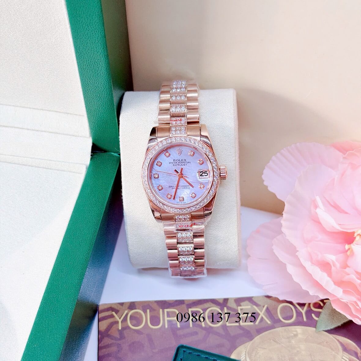 Đồng Hồ Nữ Rolex Datejust Viền Đá Mặt Xanh Xà Cừ Dây Kim Loại Vàng Hồng Đính Đá Size 31mm
