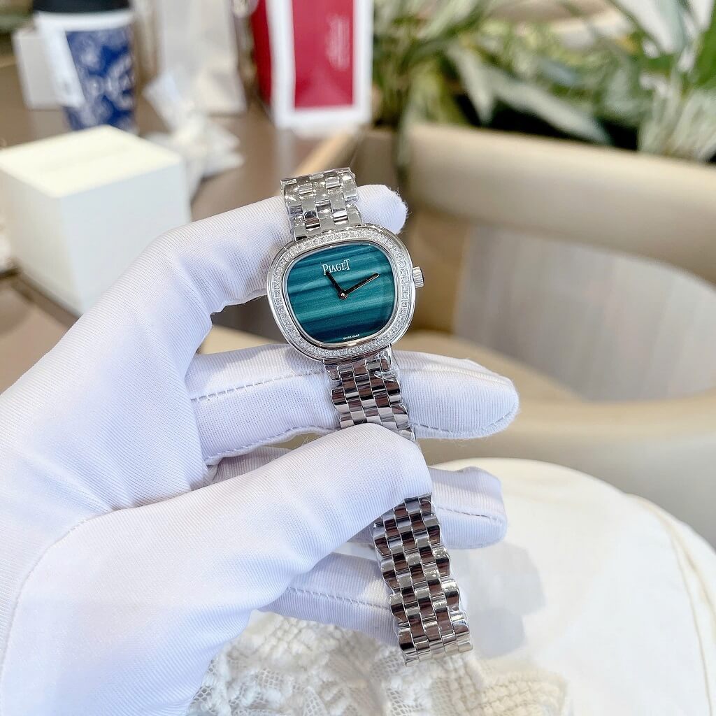 Đồng hồ nữ Piaget Sixtie size 29mm mặt xanh lá viền đính đá máy pin dây inox không gỉ