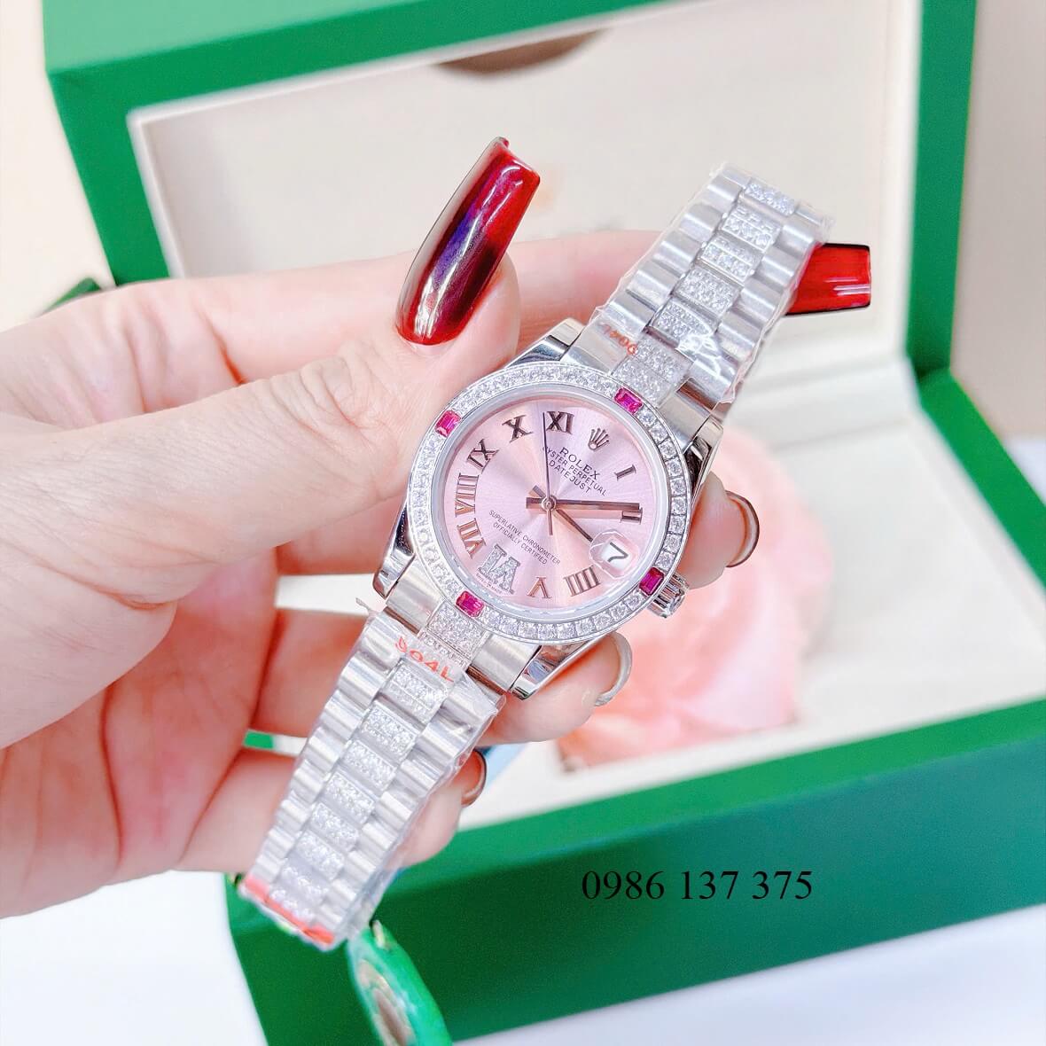 Đồng Hồ Nữ Rolex Datejust Viền Đá Mặt Hồng Dây Kim Loại Inox Đính Đá Máy Pin Size 31mm