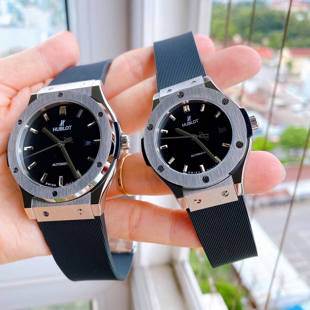 Đồng Hồ Cặp Hublot Classic Fusion Tự Động Mặt Đen Dây Cao Su Vỏ Silver Size 42mm-34mm