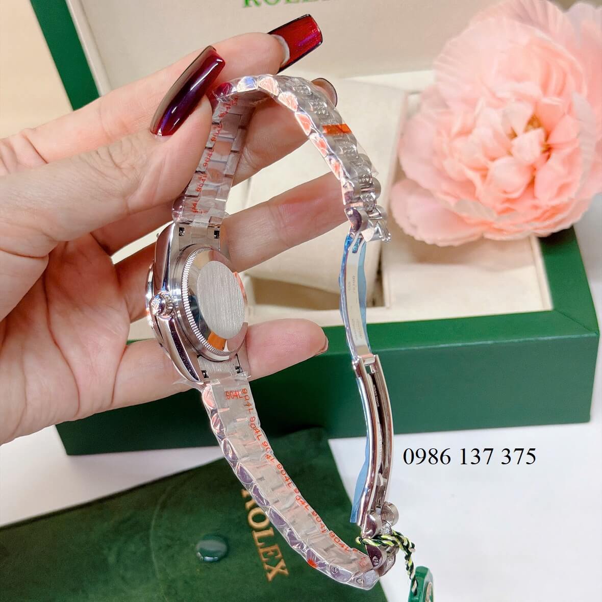 Đồng Hồ Nữ Rolex Datejust Viền Đá Mặt Hồng Dây Kim Loại Inox Đính Đá Máy Pin Size 31mm