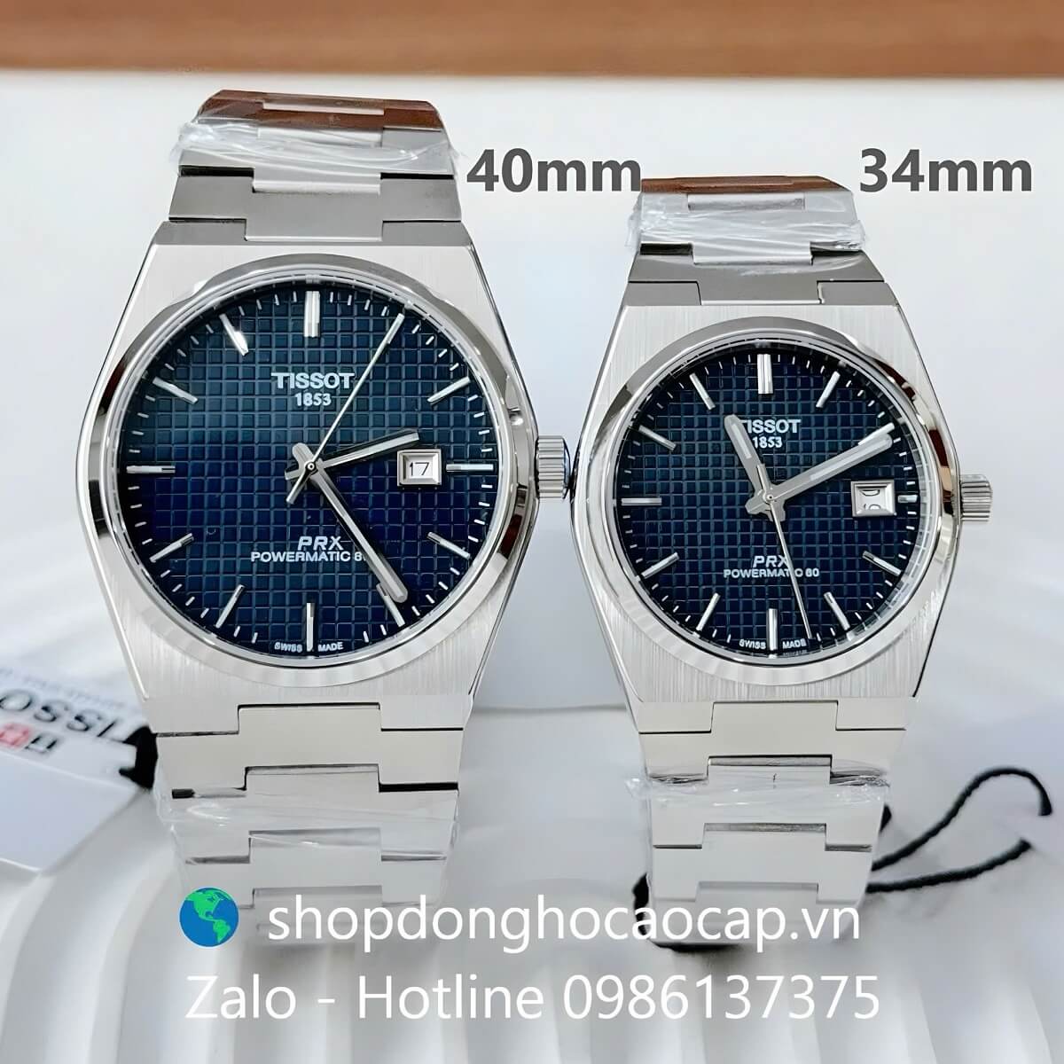 Đồng Hồ Cặp Nam Nữ Tissot PRX Máy Pin Mặt Xanh Dương Caro Dây Kim Loại 40mm 34mm