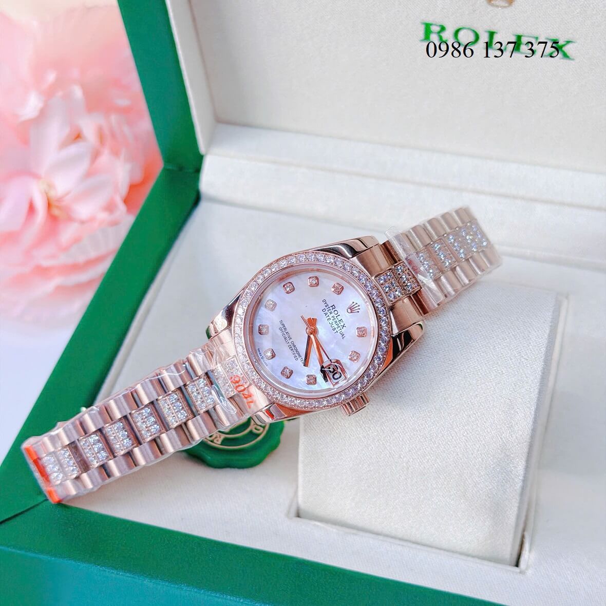 Đồng Hồ Nữ Rolex Datejust Viền Đá Mặt Trắng Xà Cừ Dây Kim Loại Vàng Hồng Đính Đá Size 31mm