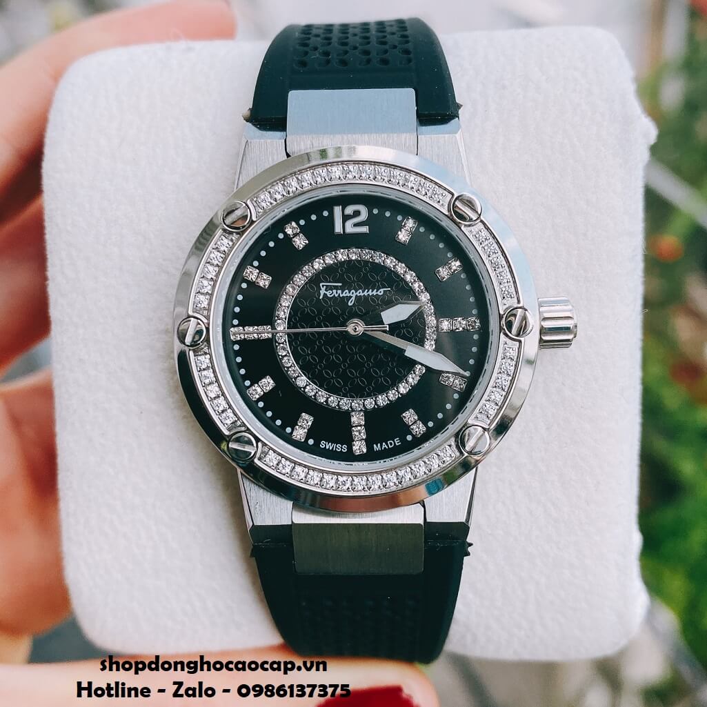 Đồng Hồ Nữ Salvatore Ferragamo Dây Silicon Đen Đính Đá Vỏ Silver 33mm