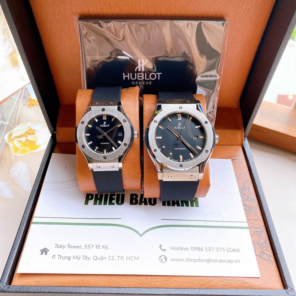 Đồng Hồ Cặp Hublot Classic Fusion Tự Động Mặt Đen Dây Cao Su Vỏ Silver Size 42mm-34mm