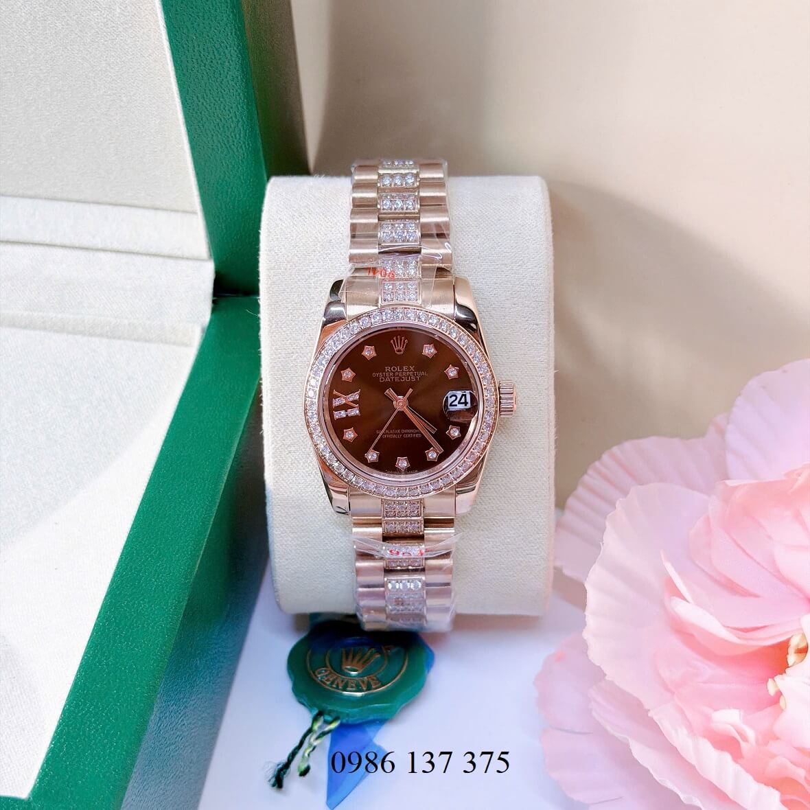 Đồng Hồ Nữ Rolex Datejust Viền Đá Mặt Nâu Chocolate Dây Kim Loại Vàng Hồng Đính Đá Size 31mm