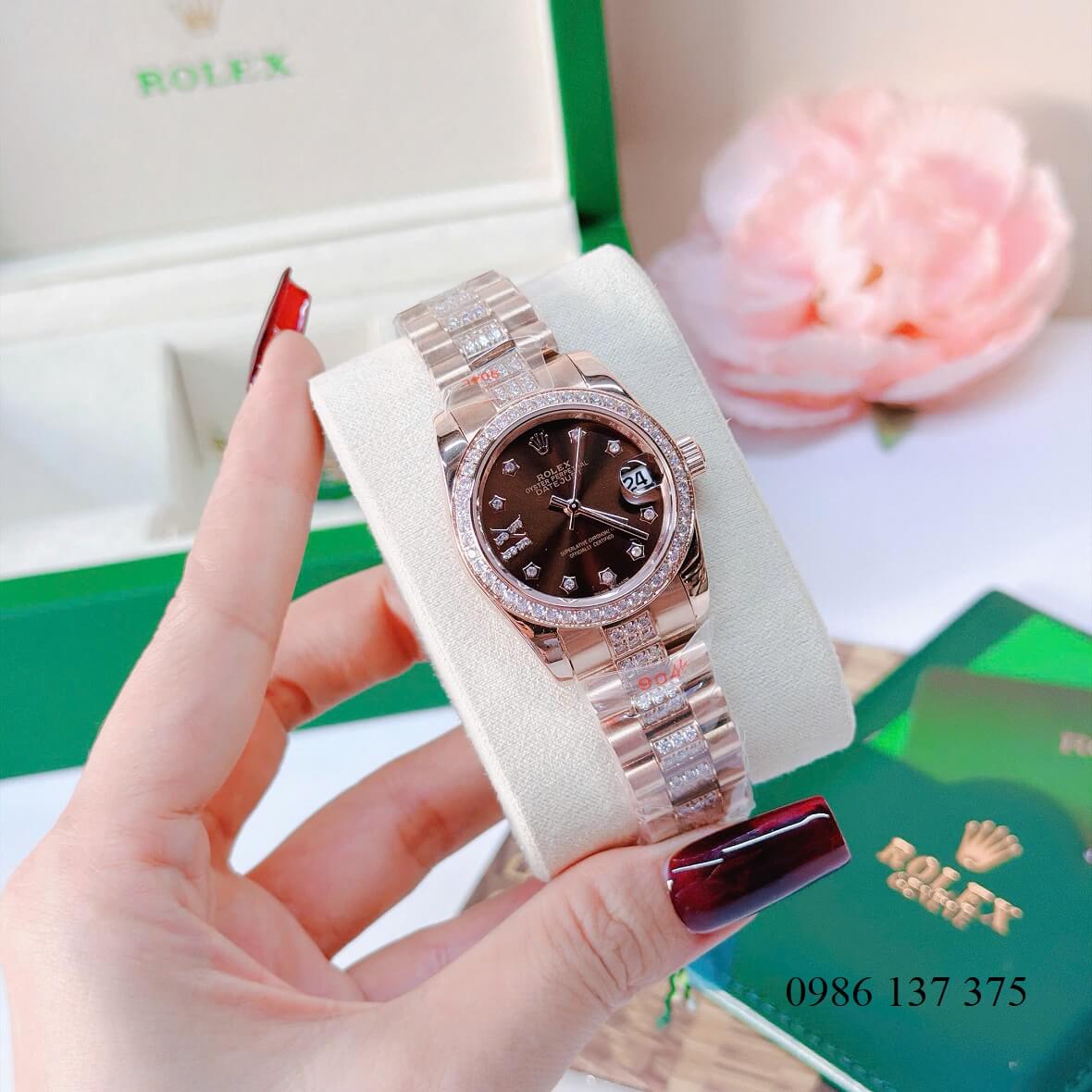 Đồng Hồ Nữ Rolex Datejust Viền Đá Mặt Nâu Chocolate Dây Kim Loại Vàng Hồng Đính Đá Size 31mm