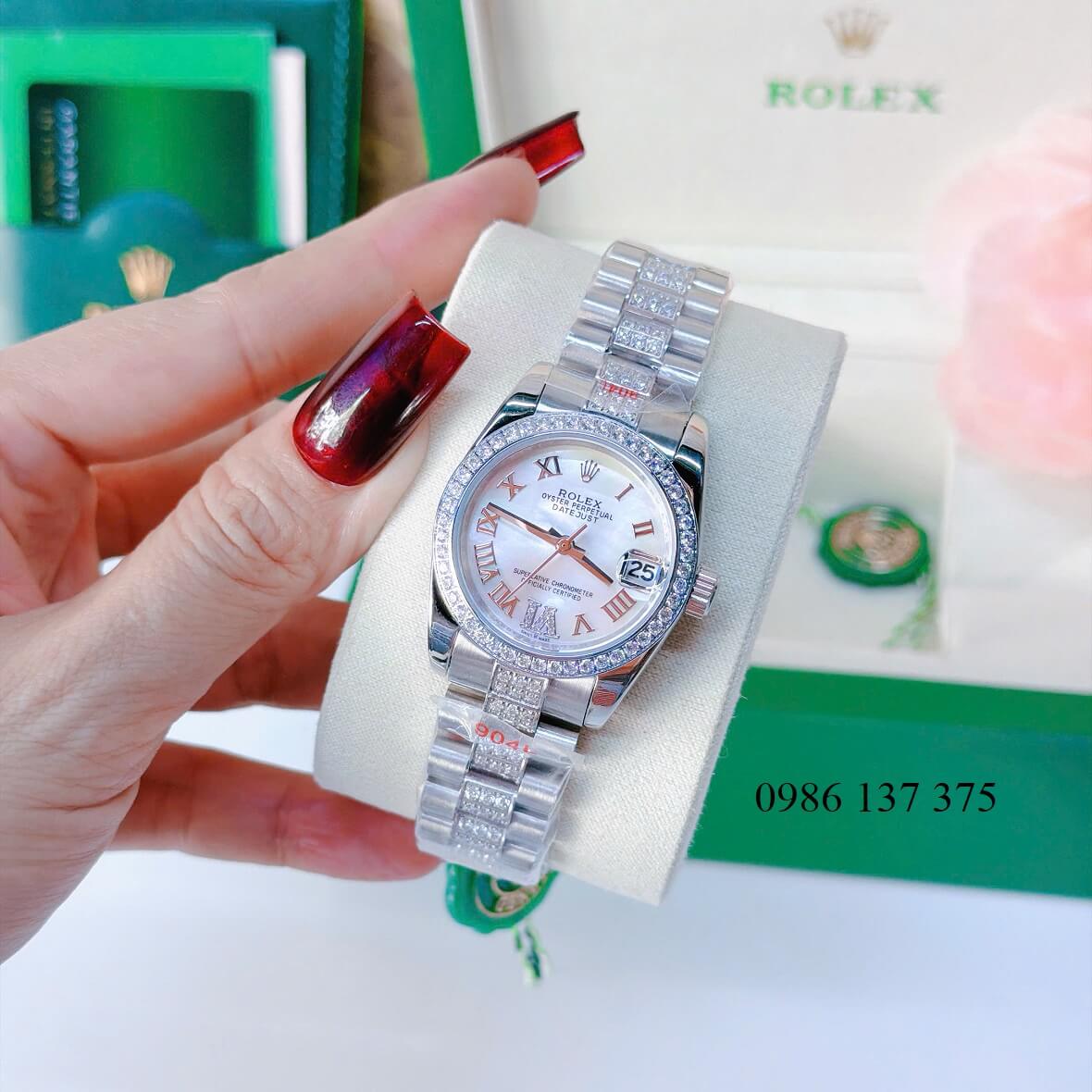 Đồng Hồ Nữ Rolex Datejust Viền Đá Mặt Trắng Xà Cừ Dây Kim Loại Inox Đính Đá Size 31mm