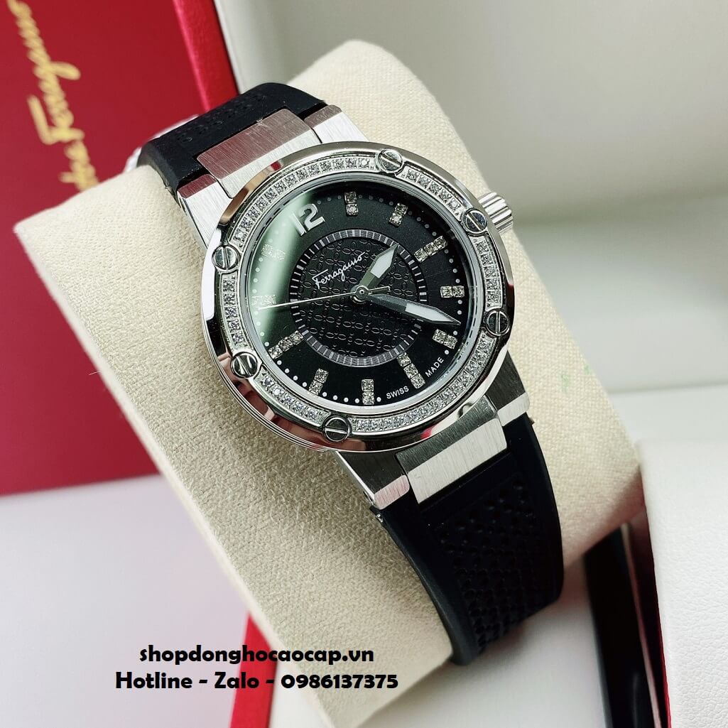 Đồng Hồ Nữ Salvatore Ferragamo Dây Silicon Đen Đính Đá Vỏ Silver 33mm