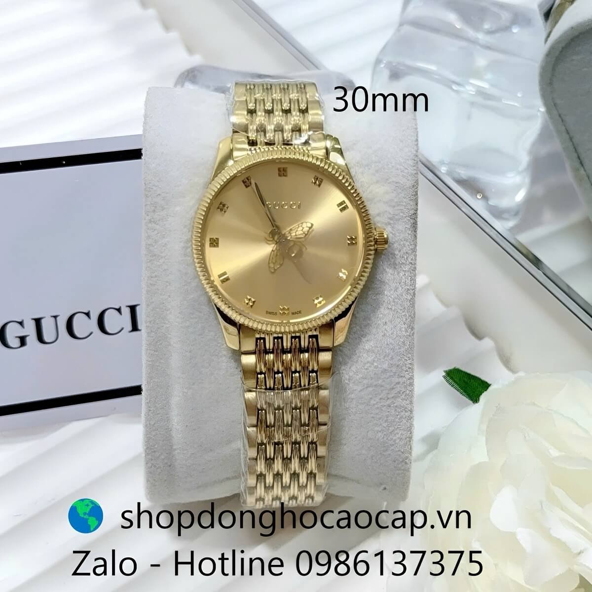 Đồng Hồ Nữ Gucci Kim Ong Mặt Vàng Máy Pin Dây Kim Loại Mạ Vàng Size 30mm