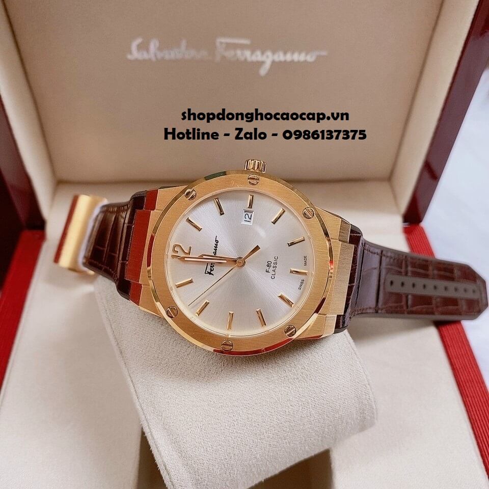 Đồng Hồ Nam Salvatore Ferragamo F80 Classic Dây Da Silicon Nâu 41mm