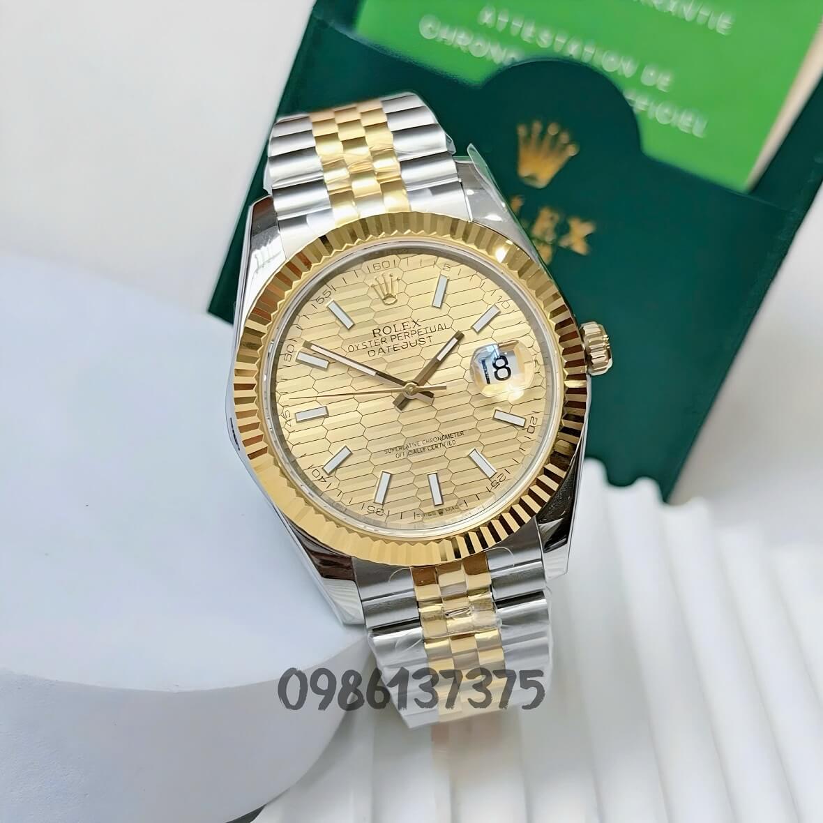 Đồng Hồ Nam Rolex Datejust Viền Khía Máy Tự Động Thụy Sĩ Mặt Vàng Dây Demi Size 41mm