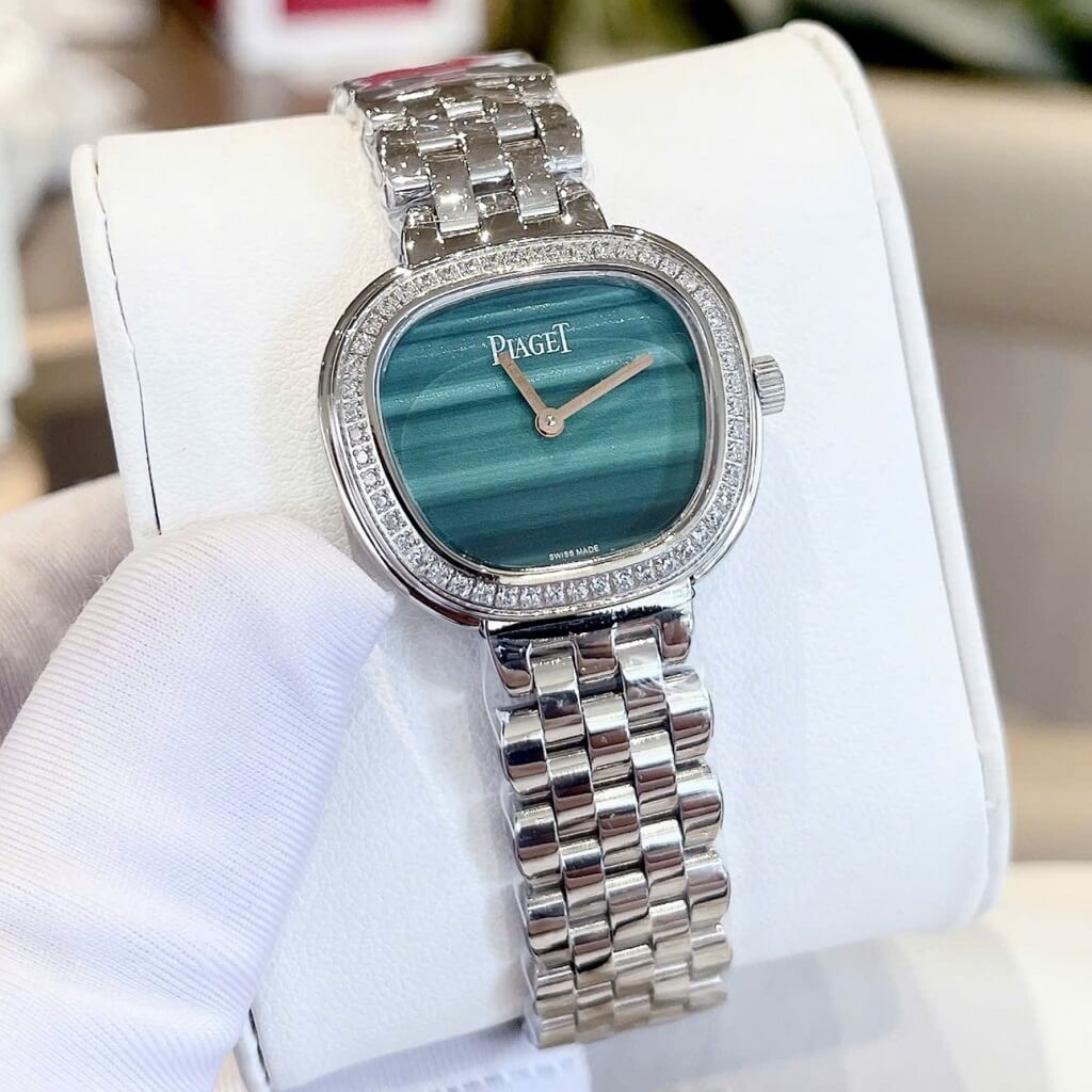 Đồng hồ nữ Piaget Sixtie size 29mm mặt xanh lá viền đính đá máy pin dây inox không gỉ