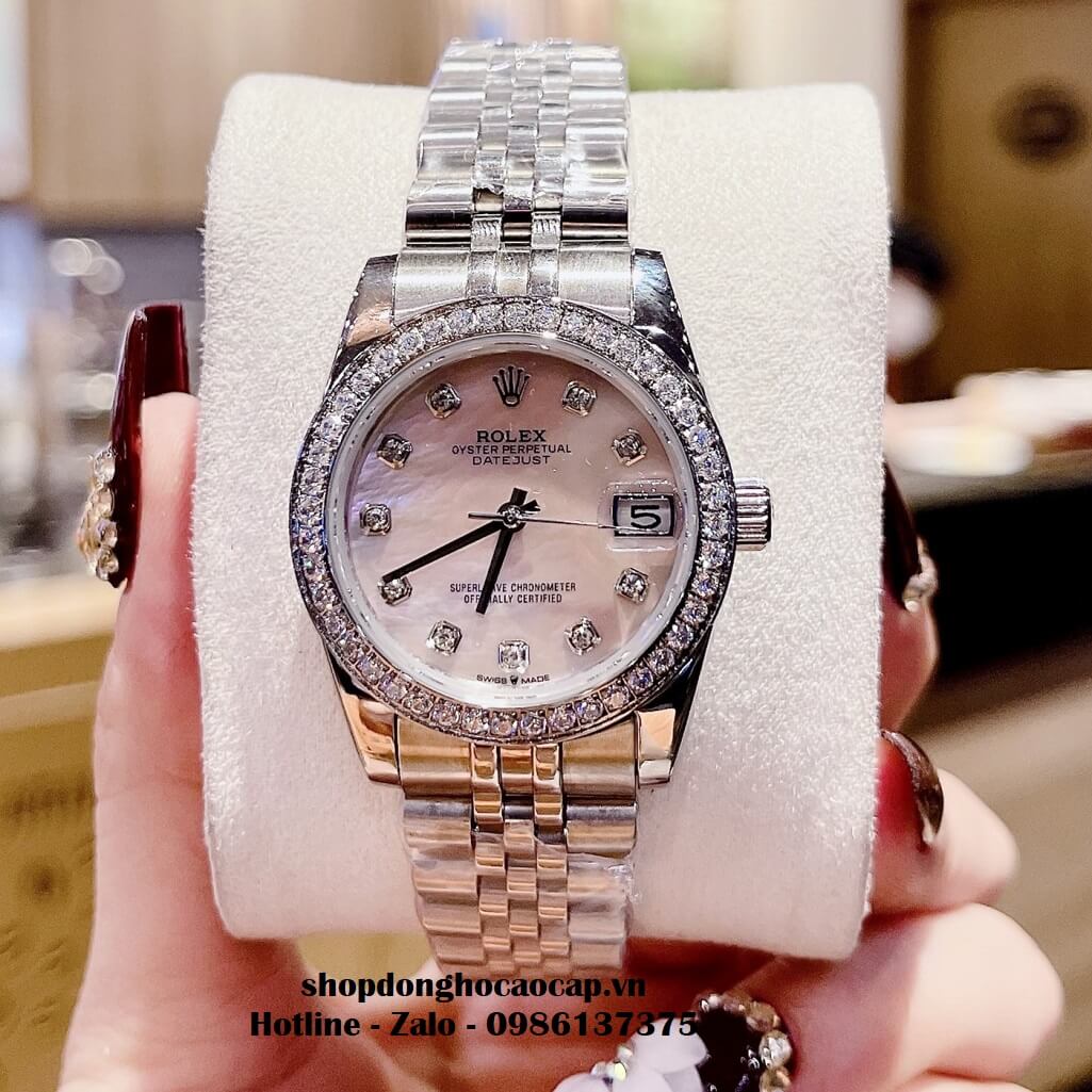 Đồng Hồ Rolex Datejust Tự Động Nữ Bạc Mặt Xà Cừ Hồng Viền Đá 31mm