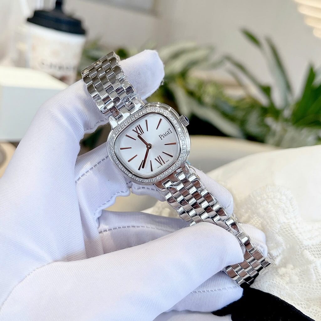 Đồng hồ nữ Piaget Sixtie size 29mm mặt trắng viền đính đá máy pin dây inox không gỉ