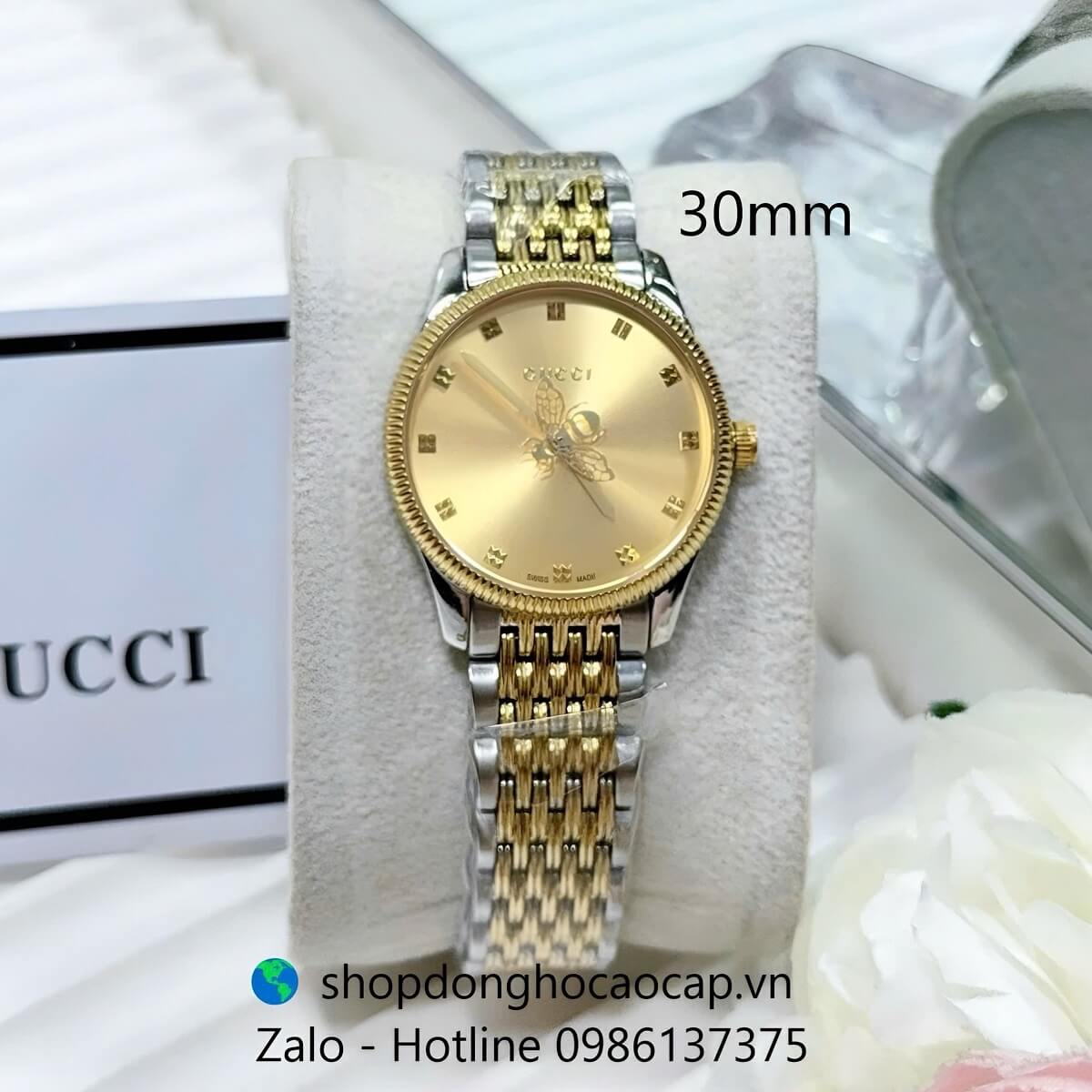 Đồng Hồ Nữ Gucci Kim Ong Mặt Vàng Máy Pin Dây Kim Loại Demi Vàng Size 30mm