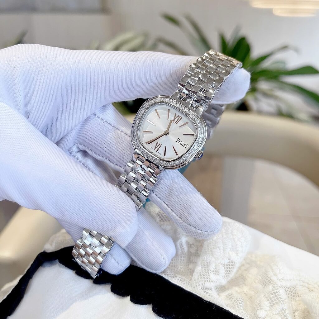 Đồng hồ nữ Piaget Sixtie size 29mm mặt trắng viền đính đá máy pin dây inox không gỉ
