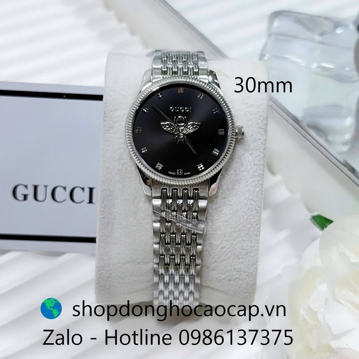 Đồng Hồ Nữ Gucci Kim Ong Mặt Đen Máy Pin Dây Kim Loại Inox Size 30mm